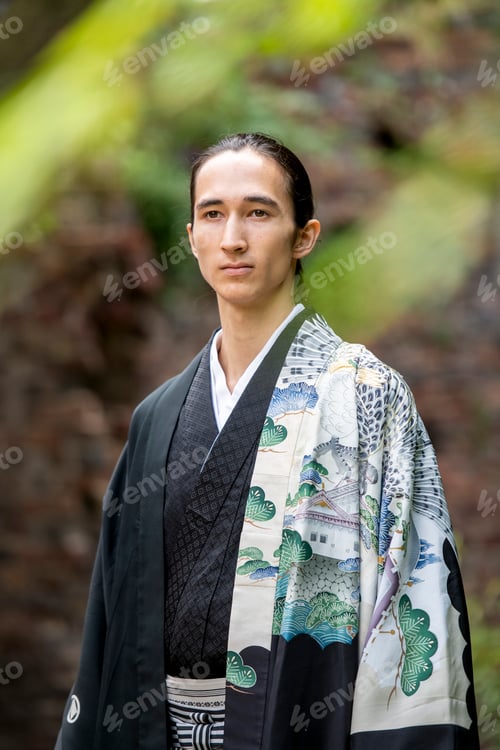 Preview: A serene portrait of a man in traditional Japanese attire amidst a tranquil backdrop