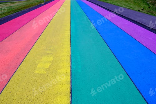 Preview: Horizontal picture of street road painted in rainbow colors or lgtb flag.