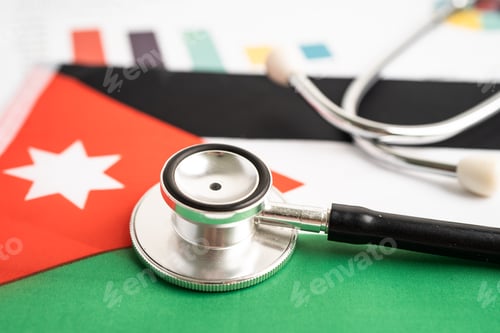 Preview: Black stethoscope on Jordan flag background with graph, Business and finance concept.