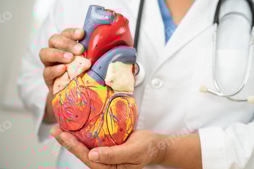 Preview: Cardiovascular disease CVD, Asian doctor holding human anatomy model for learn