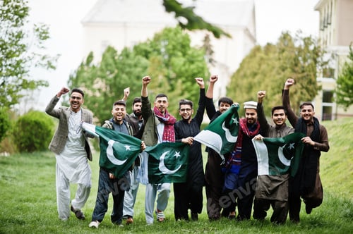 Preview: Group of pakistani man wearing traditional clothes salwar kameez or kurta with Pakistan flags.