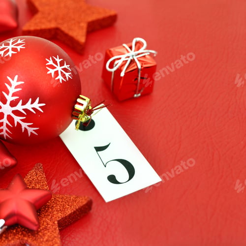 Preview: Number Five On Tag And Christmas Ornamets On Red Background