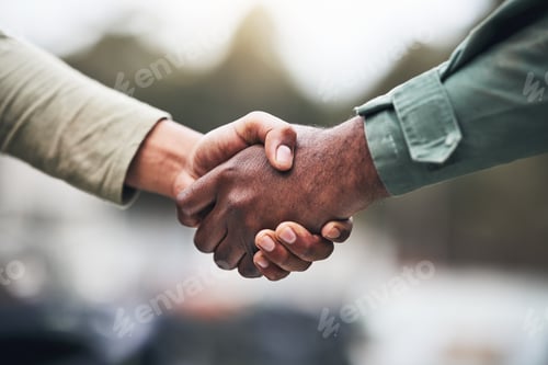 Preview: People, hands and handshake for deal, trust or agreement in partnership, unity or support on a blur