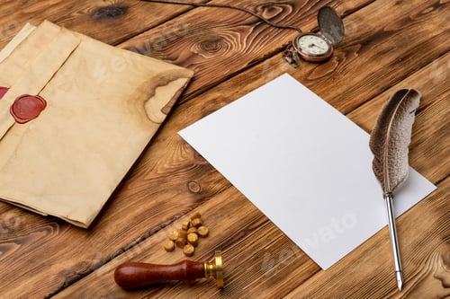 Preview: Envelope with wax seal stamp on wooden background, flat lay