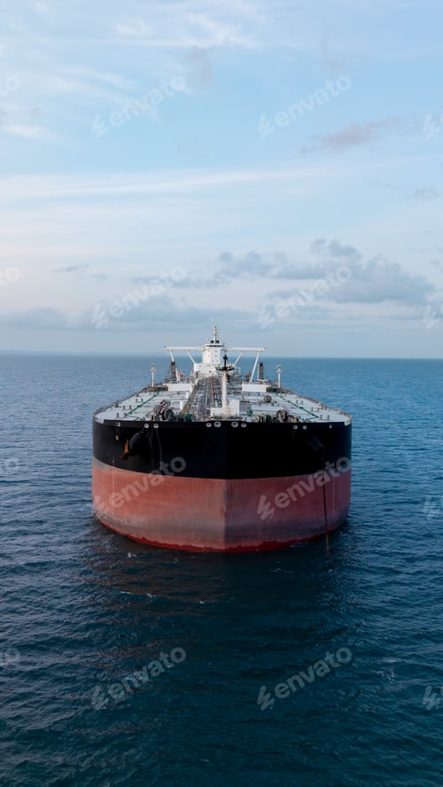 Preview: Aerial view of the front of a large crude oil tanker ship at sea