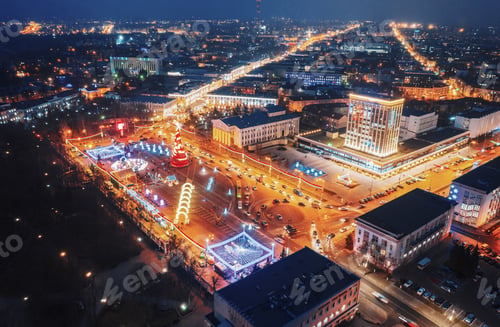 Preview: Evening Night Aerial View Cityscape Of Night City Life. Aerial Night View Main Christmas Tree And