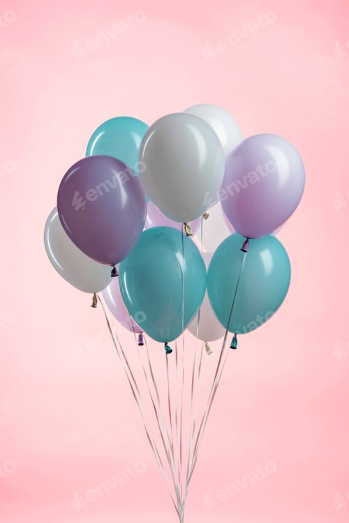 Preview: white, blue and purple party festive balloons on pink background