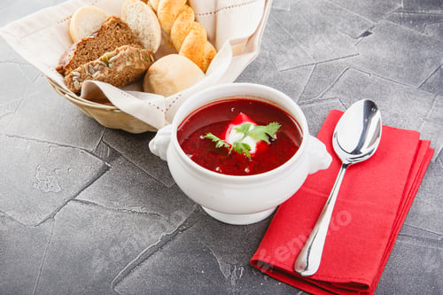 Preview: Ukrainian and Russian national red borsch with sour cream and herbs.