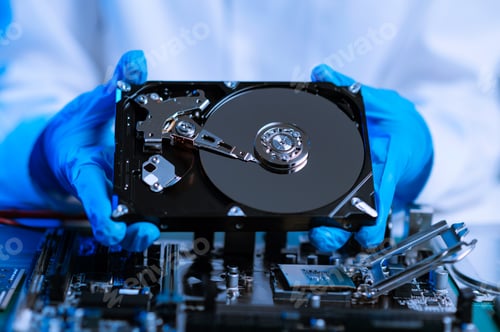 Preview: Hard disk drive on the technician's desk and a computer motherboard as a component. the concept