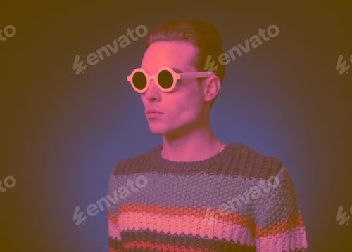 Preview: Fashionable One Young Man Only, Portrait, Upper Body, Sunglasses, Studio, Blue Background, Vintage