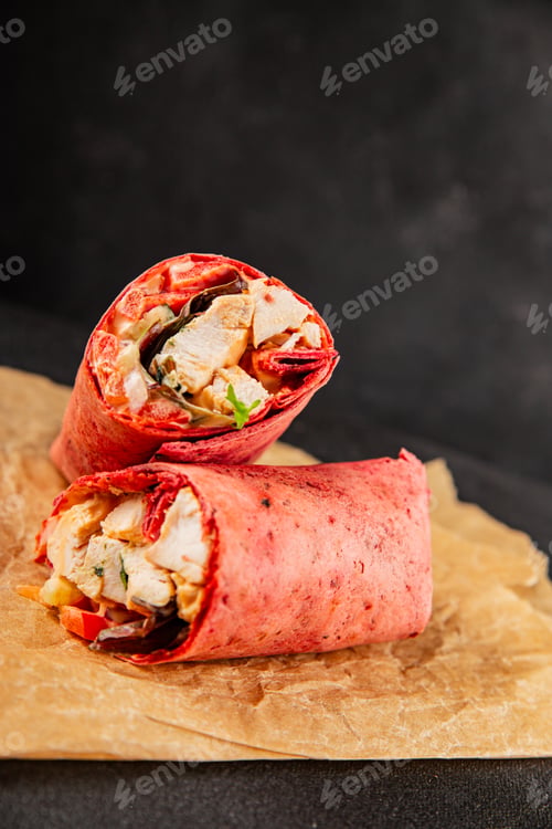 Preview: Shawarma wrap chicken and vegetables pink lavash doner kebab tasty snack fresh food