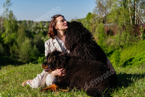 Preview: Smiling woman sitting on grass with tibetan mastiff dogs and playing together outdoors