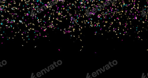 Preview: Falling golden and colorful confetti isolated on black background. Shiny particles. Party