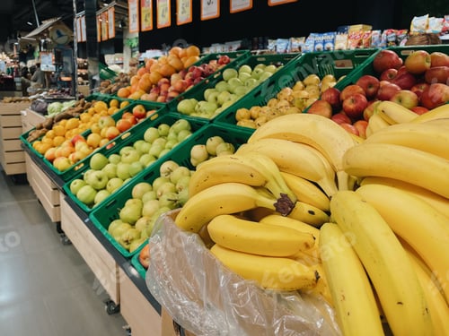 Preview: Supermarket vegetable department. Selling bananas, apples, oranges, pears. Fruits market stalls