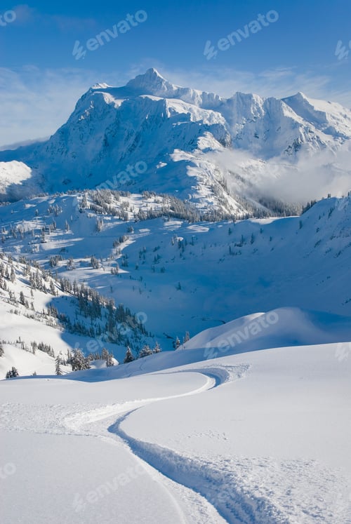 Preview: 54836,Snowy Mount Shuksan overlooking village, Washington, United States