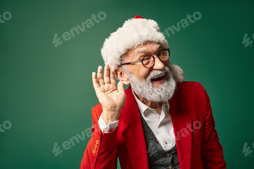 Preview: cheerful man dressed as Santa with red hat with hand near ear looking at camera, winter concept