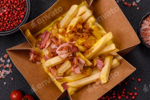 Preview: Crispy French fries with pieces of bacon, salt and spices