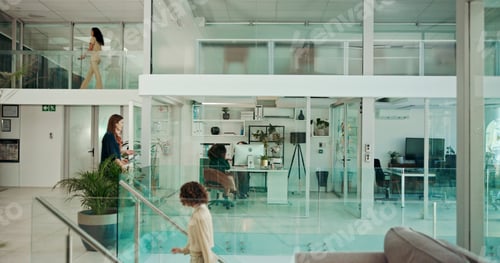 Aperçu: Modern building, walking and business people in office for coworking, productivity and synergy. Pro