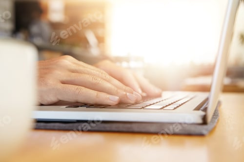 Preview: People and modern technology concept. Close up shot of male hands typing on keyboard of generic lapt