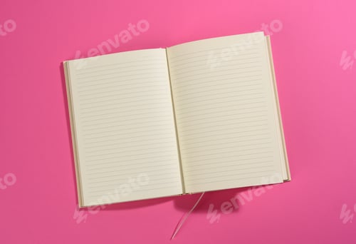 Preview: Open notebook with blank white sheets on pink background