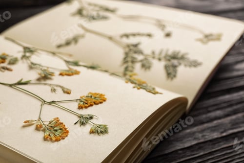 Preview: Wild dried meadow flowers in notebook on table, closeup