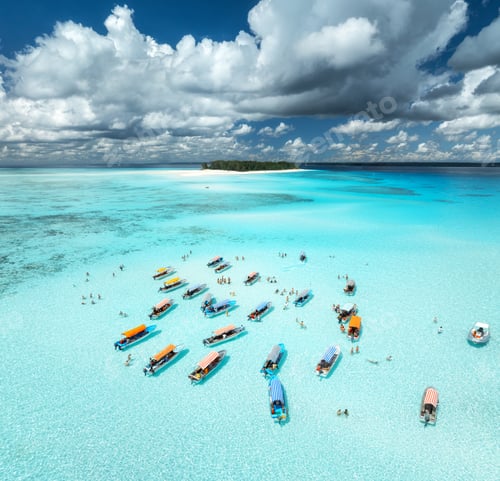 Preview: Aerial view of colorful boats and yachts in clear water in summer