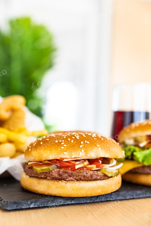 Preview: Assorted of classic american burger on black stone board and cola in the interior of the cafe.