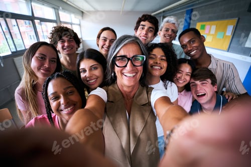 Visualização: Retrato de um alegre grupo multirracial de estudantes amigos tirando selfie com uma professora em sala de aula.