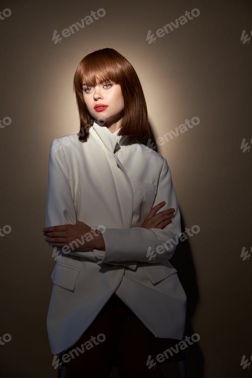 Preview: Fashionable brunette in fashion clothes gesticulate with hands