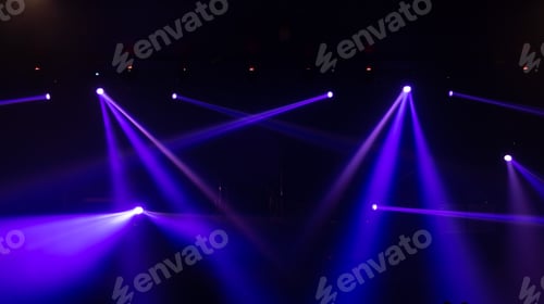Preview: Empty stage concert with lighting laser beam spotlight show in disco pub club bar for party music