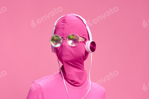 Preview: Portrait of a man wearing a pink full-face incognito mask with headphones and shiny round sunglasses