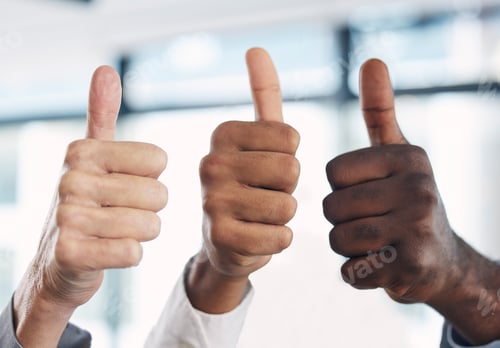 Preview: Thumbs up, hands and group together in office with diversity, agreement and solidarity at job. Busi