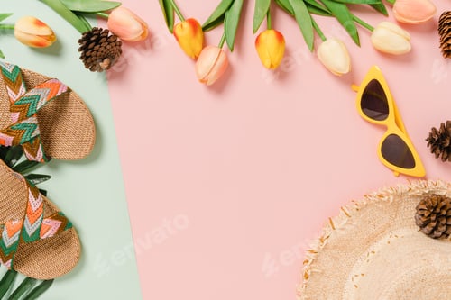 Visualização: Estilo plano criativo de viagens, férias, primavera ou verão, moda tropical.