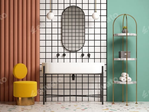 Preview: Memphis style conceptual interior bathroom 3d illustration