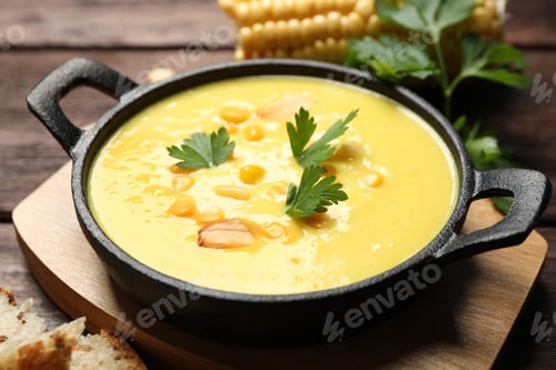 Preview: Delicious creamy corn soup on wooden table, closeup