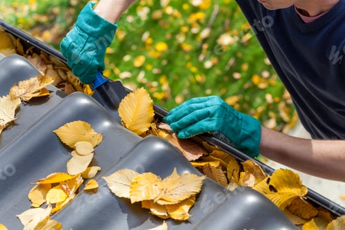 Preview: Man Cleaning The Gutter From Autumn Leaves