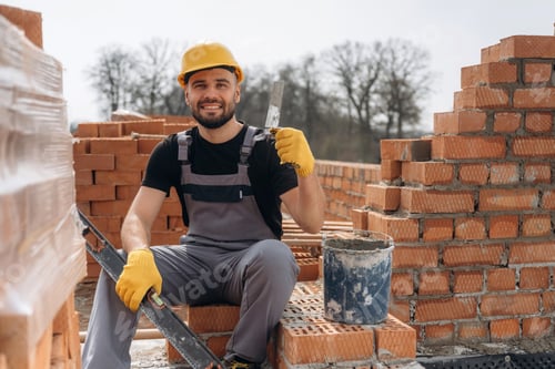 Preview: Cheerful positive guy. Construction worker is at job with bricks outdoors
