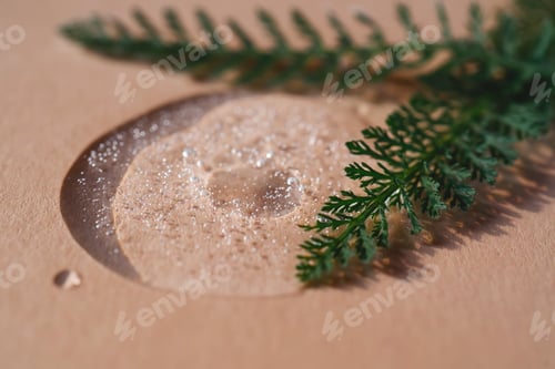 Preview: A drop of cosmetic gel on a beige background surrounded by plants and leaves.