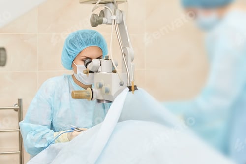Preview: Ophthalmology laser microscope operation. Doctor in clinic. Patient eye