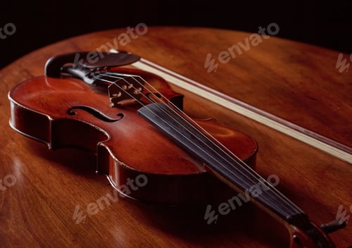 Preview: Violin in retro style and bow on wooden table