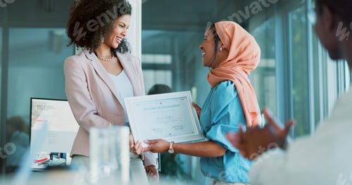 Preview: Award, winner and applause with a business black woman and team in celebration of the achievement o