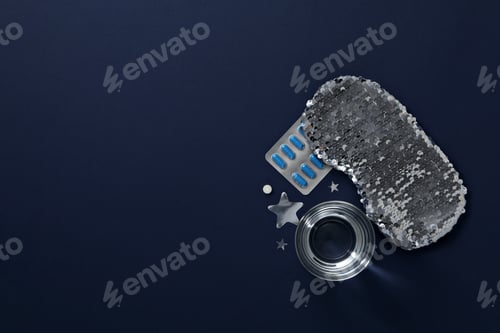 Preview: Sleep mask, pills and glass of water on blue background, space for text