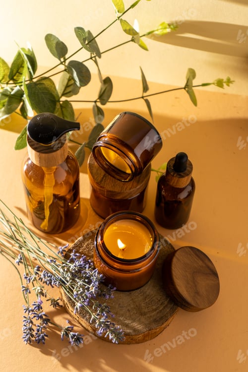 Preview: Soy candles in a glass jar. Aromatherapy. Burning candle and lavender.