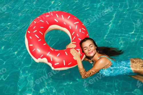 Preview: Beautiful woman and inflatable swim ring in shape of donut