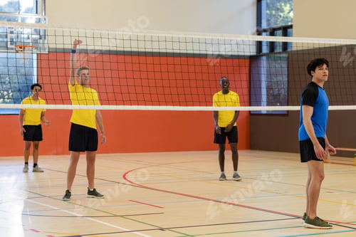 Preview: Diverse male volleyball athletes jumping and blocking on gym court with net, lines