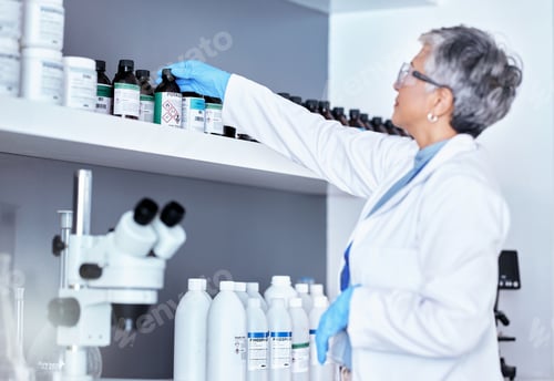 Preview: Research, medical and a scientist with a chemical in a lab for healthcare innovation or analytics.