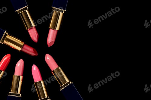 Preview: top view of various shades of lipsticks isolated on black with copy space