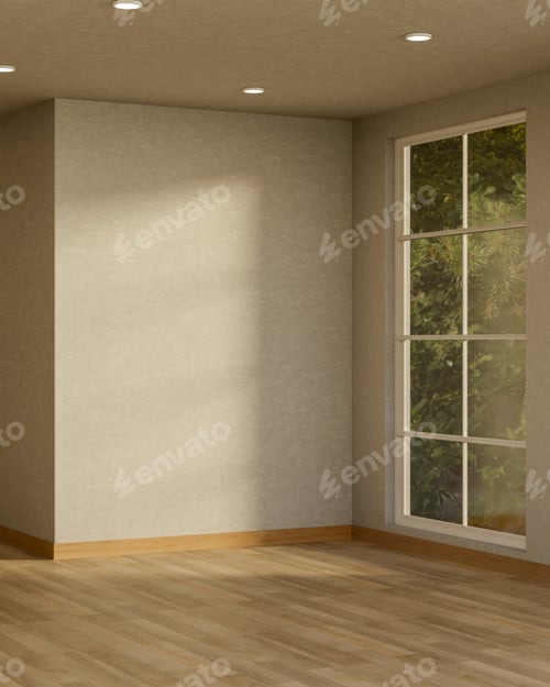 Preview: Empty white wall over wooden parquet floor with sunlight through garden view window in a modern room