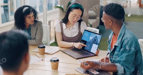 Preview: Business people, diversity or meeting with modern office documents, digital marketing laptop or tar