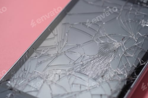 Preview: Top view of broken smart phone on color background